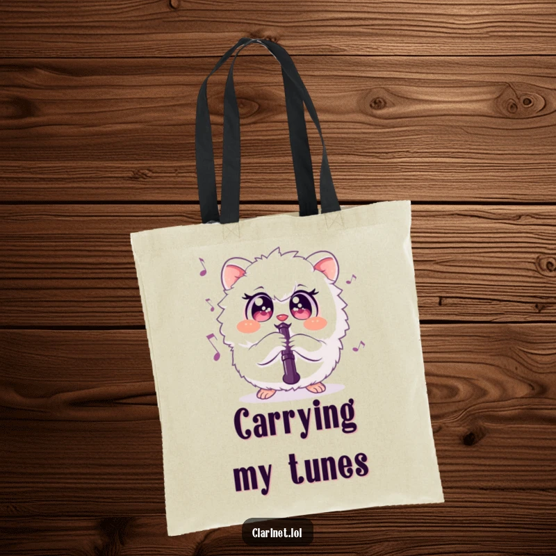 Funny tote bag showcasing a chubby, round creature enthusiastically playing the clarinet, spreading musical joy. Ideal gift.