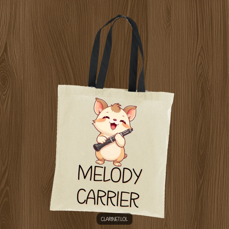 Funny tote bag with a small, energetic creature holding a clarinet aloft, symbolizing musical determination. Gift.