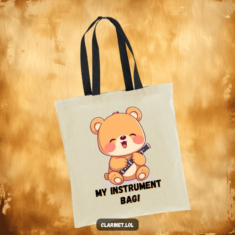 Funny bear cub enthusiastically playing a tiny clarinet, printed on a durable tote bag, a practical and humorous accessory.