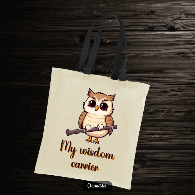 Funny tote bag with a giggling owl perched on a clarinet, perfect for carrying items with a dose of musical humor.